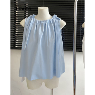 Lovito Regata Casual Lisa Com Renda Para Mulheres LNA33102 (Azul)