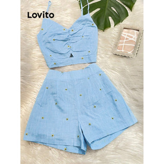 Lovito Casual Conjunto Feminino Simples Short com Cordão e Bordado LBL07172