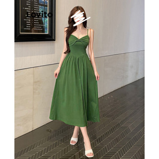 Lovito Vestido Elegante Liso Plissado Com Laço Frontal Para Mulheres LNL36075 (Verde)