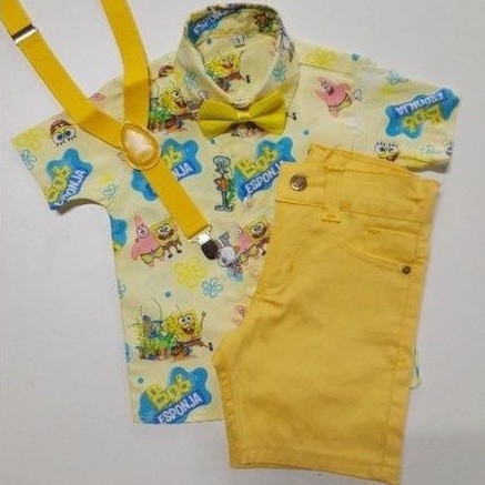 Conjunto temático infantil bob esponja contendo camisa short suspensório e gravata roupa personagem