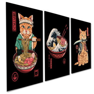 Kit 3 Quadros Decorativas Gato Lámen Onda de Kanagawa Cultura Japonesa em Oferta na Shopee