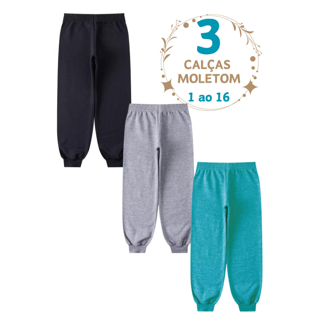 3 Calças Infantil Juvenil Moletom Menino Menina Calça Inverno Escolar Peluciada 1 ao 16