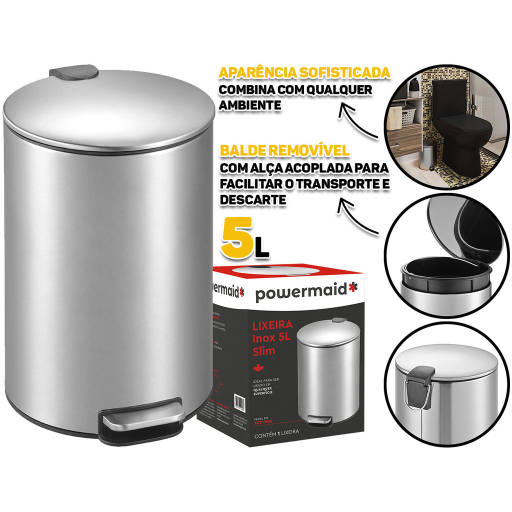Lixo Lixeira Slim 5 Litros Aço Inox Balde Cesto Removível Alça Pedal Para Banheiro Escritório Lavabo Cozinha Fraldas Bebe Casa Restaurantes Pet