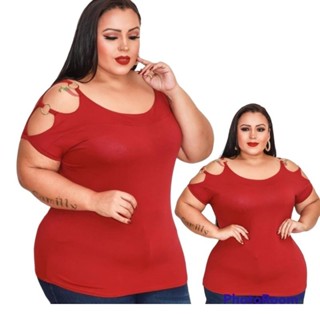 Blusa plus size gg tamanho grande malha viscolycra aberta no ombro argolas regata detalhe moderno atual metal bela dife