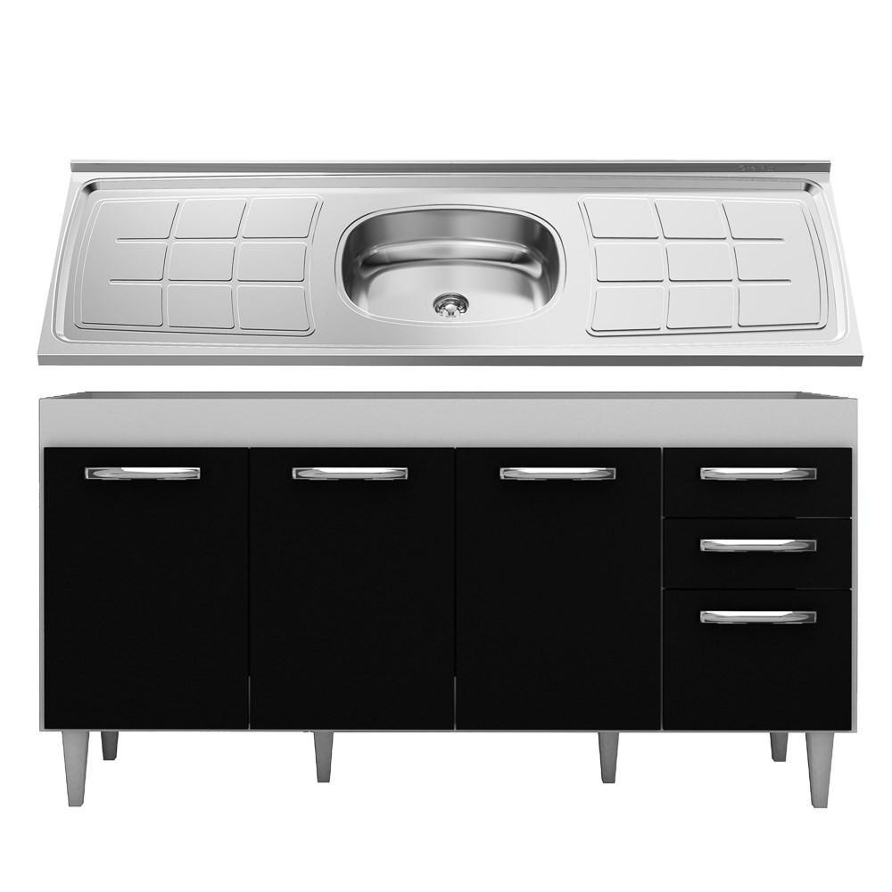Balcão Gabinete Áustria com Pia Inox 160cm 4 Portas Branco/Preto - Lumil Móveis - Home & Living