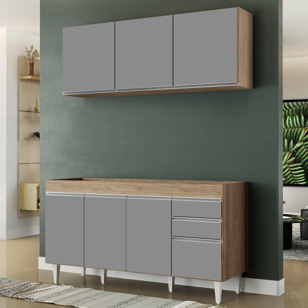 Armário Aéreo Argélia e Balcão Gabinete Para Pia 150cm Marrocos Castanho/Cinza - Lumil Móveis em Oferta na Shopee