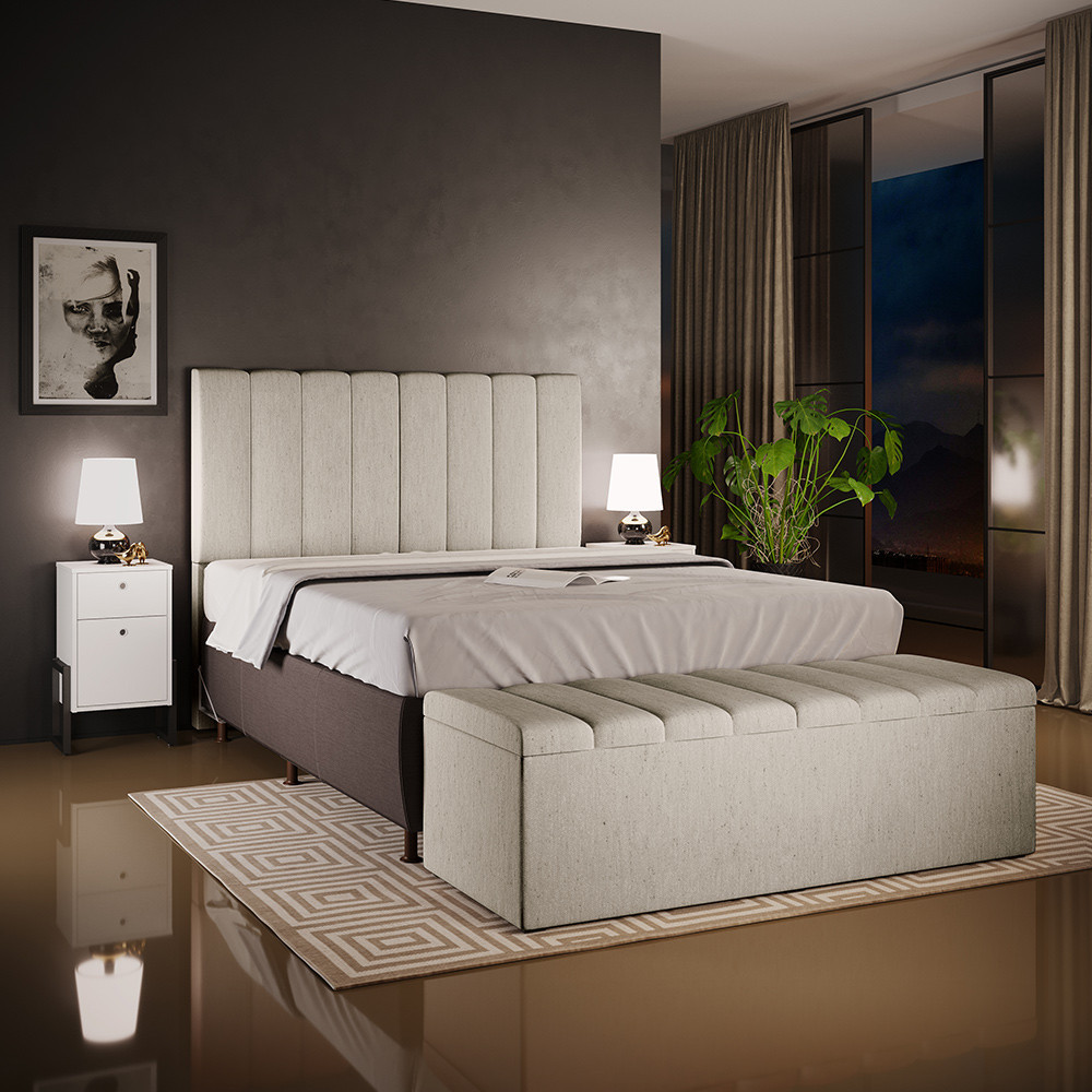 Kit Cabeceira Cama Box Casal 140cm e Calçadeira Recamier Baú Dália W01 Linho Bege - Lyam Decor em Oferta na Shopee