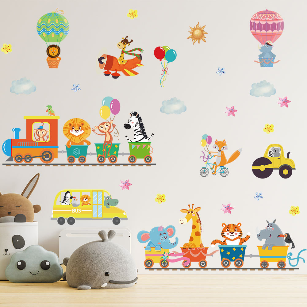 Adesivos Decorativos Removíveis para Parede de Trem de Animais Bonitos, Papel de Parede de Educação Infantil do Quarto do Jardim de Infância, Pintura Decorativa Auto-Adesiva Removível