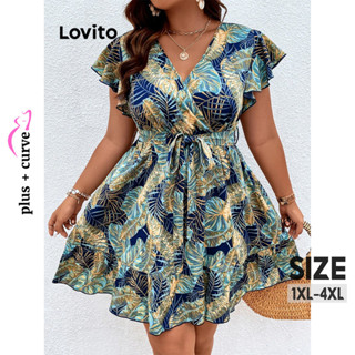 Lovito Vestido Plus Size Curve Boho Tropical Com Babados E Cinto Para Mulheres LBL08451
