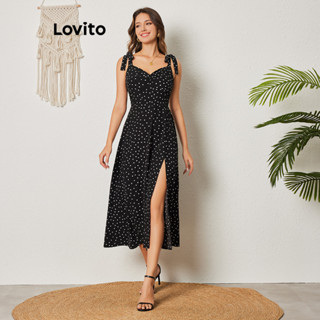 Lovito Elegante Vestido Feminino de Bolinhas Plissado de Amarrar LBL08408