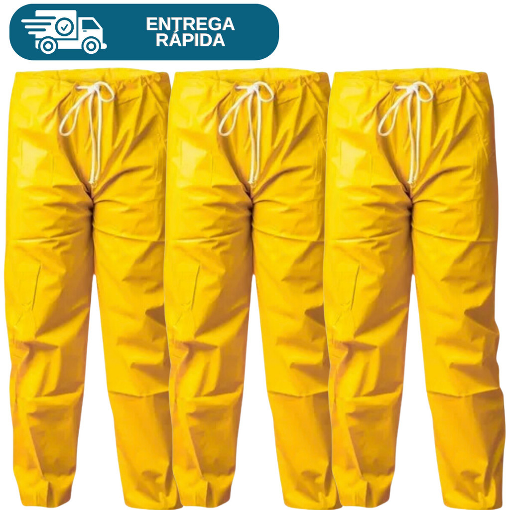 Kit 3 Calça De Pvc Forrada Amarela Impermeável Chuva Motoqueiro Barro Camping Trilhas Pescar Proteção