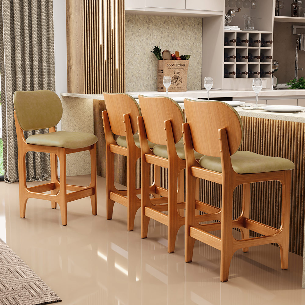 Kit 04 Banquetas Baixa Bar Cozinha E Sala De Jantar Fixa Betta L02 Imbuia Couríssimo Casco Fendi - Lyam Decor