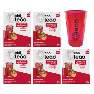 Kit 5 Chás Leão Morango e Laranja 10 Sachês + Copo em Oferta na Shopee