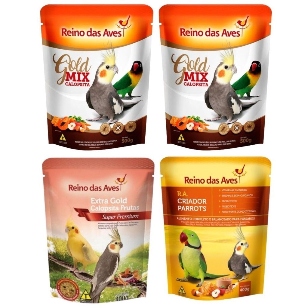 Kit  com 02 Calopsita Gold Mix 500g   +  1Ração Extra Gold Calopsita Frutas +1 Farinhada R.A Criador Parrots