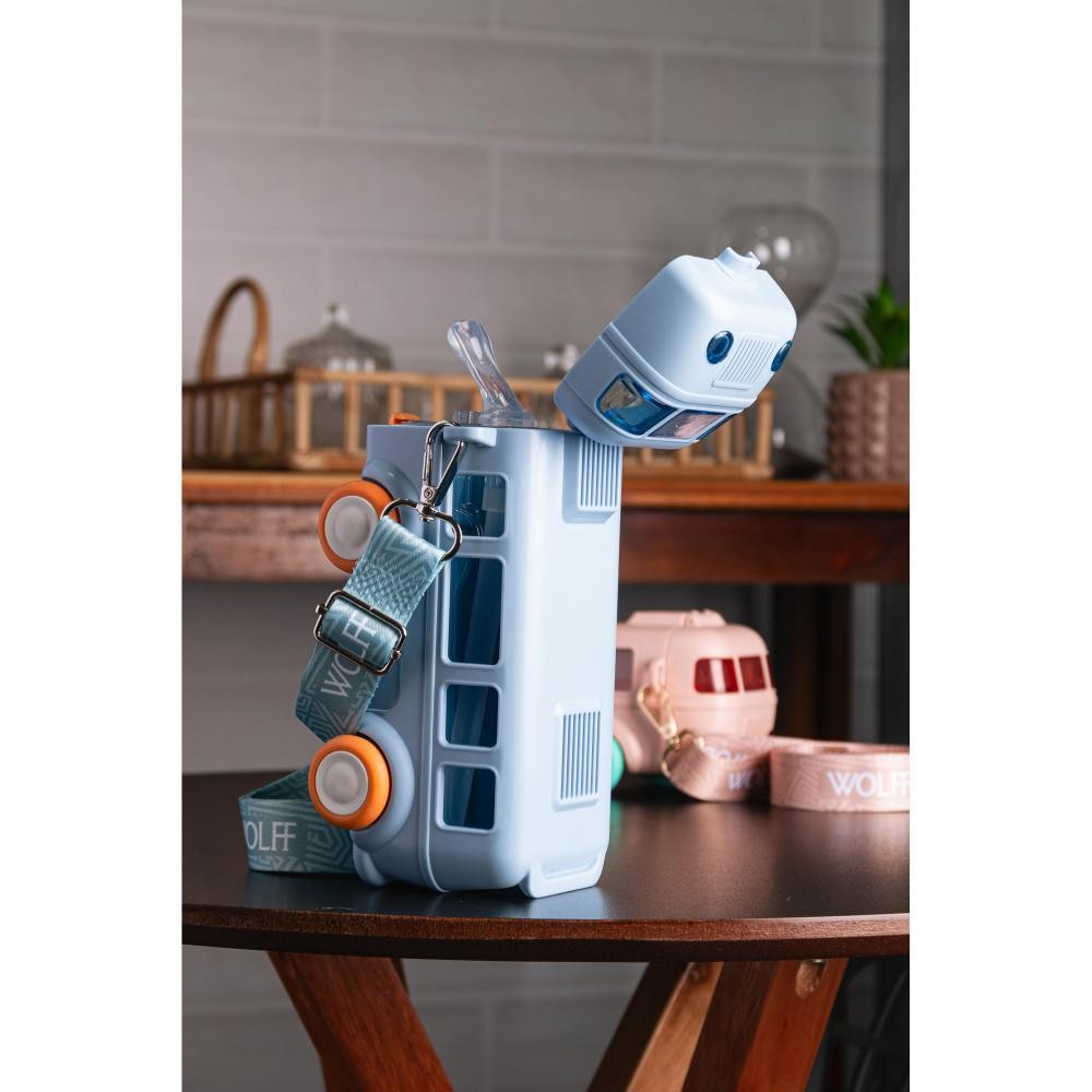 Garrafa Squeeze Infantil Wolff Ônibus Azul 500ml Copo com Canudo e Bico Antivazamento para Escola Bebe Crianças Meninos