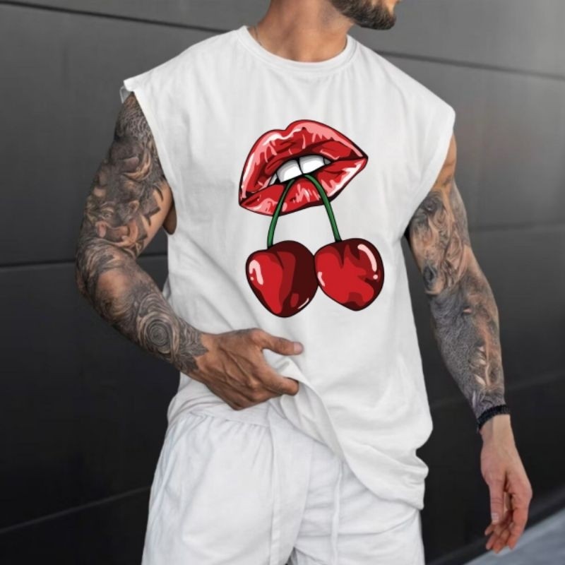 Regata Oversized Sleeveless Masculina Streetwear Estampada Boca Com Cereja
