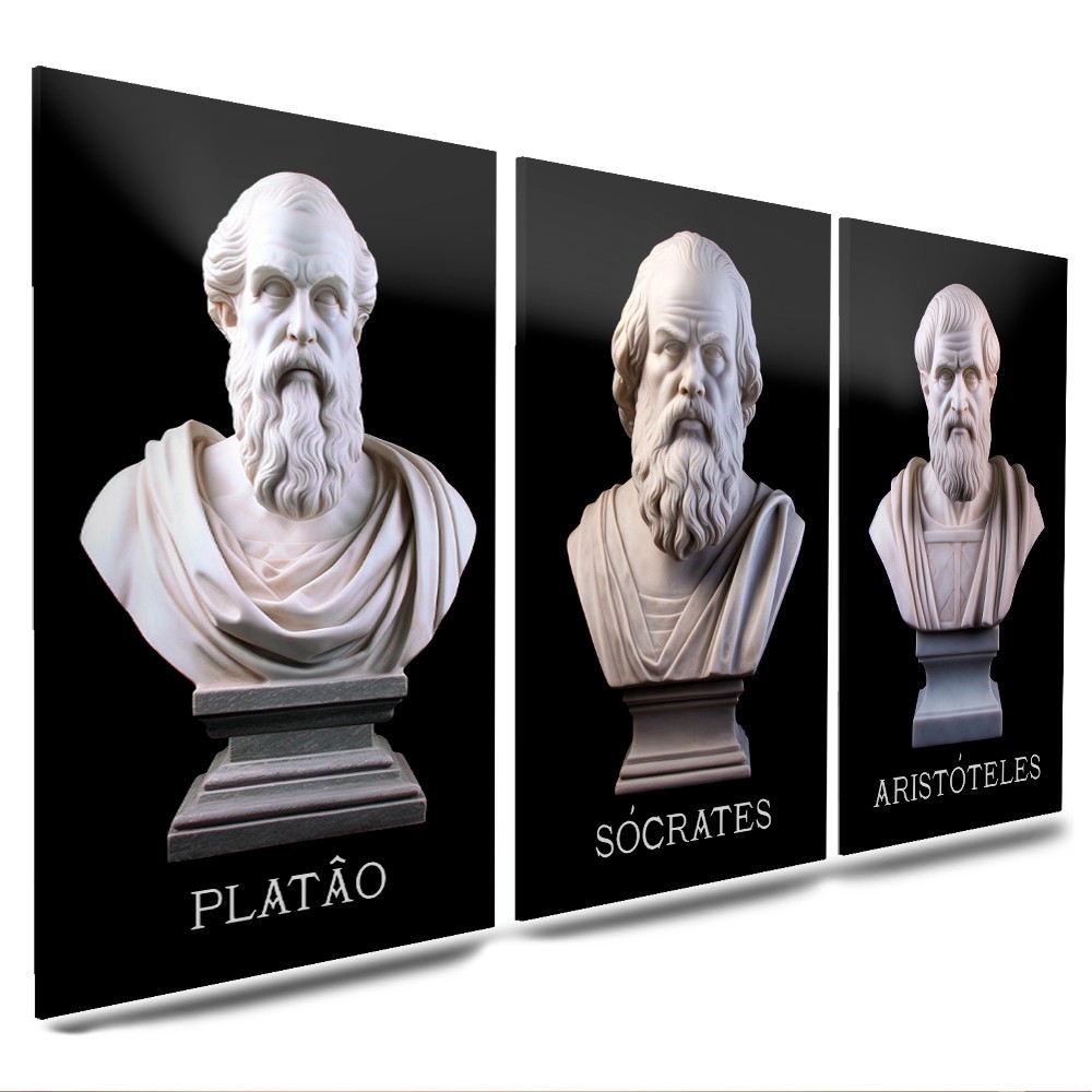 Quadro Decorativo 3 Peças Filosofia Sócrates Platão Aristóteles Quarto Sala Escritório
