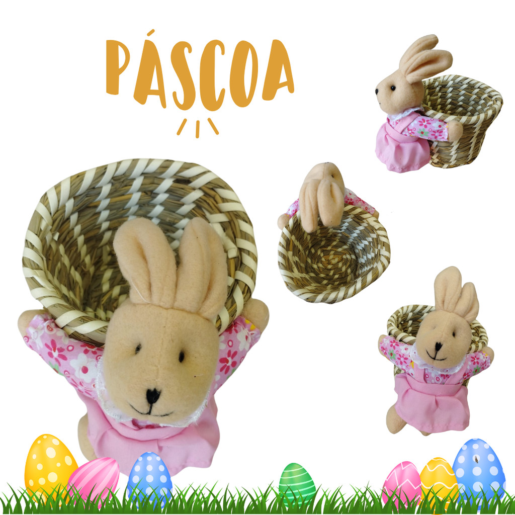 CESTA DE PALHA PARA A PASCOA DECORATIVA COELHO FOFO REDONDO DECORAÇÃO PARA PASCOA