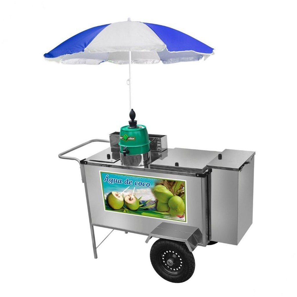 Carrinho Ambulante de Água de Coco Inox Guarda Sol e Rodas Pneumáticas Cefaz