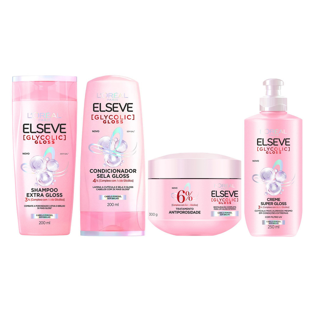LINHA COMPLETA ELSEVE GLYCOLIC GLOSS LORÈAL PARIS 4 ITENS em Oferta na Shopee