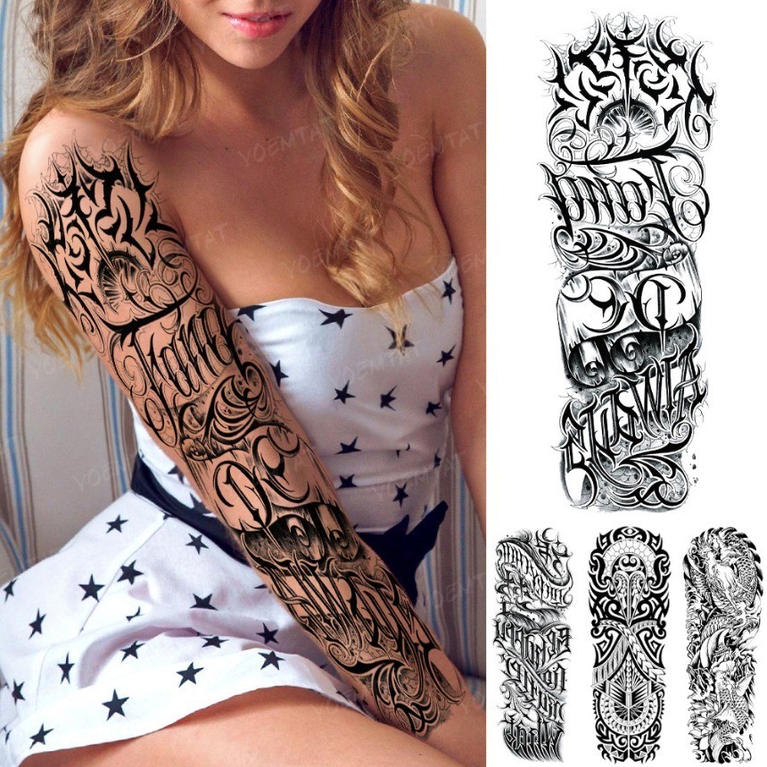 Grande Tatuagem Temporária À Prova D'água Autocolante Palavra Preta Símbolo Inglês Flash Totem Arte Corporal Fria Falsa Manga Homem Mulher Sênior