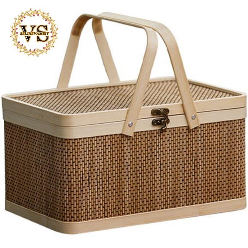 Cesta De Bambu Tecido Natural , Piquenique Com Tampa , Lanches Portáteis Armazenamento De ...
