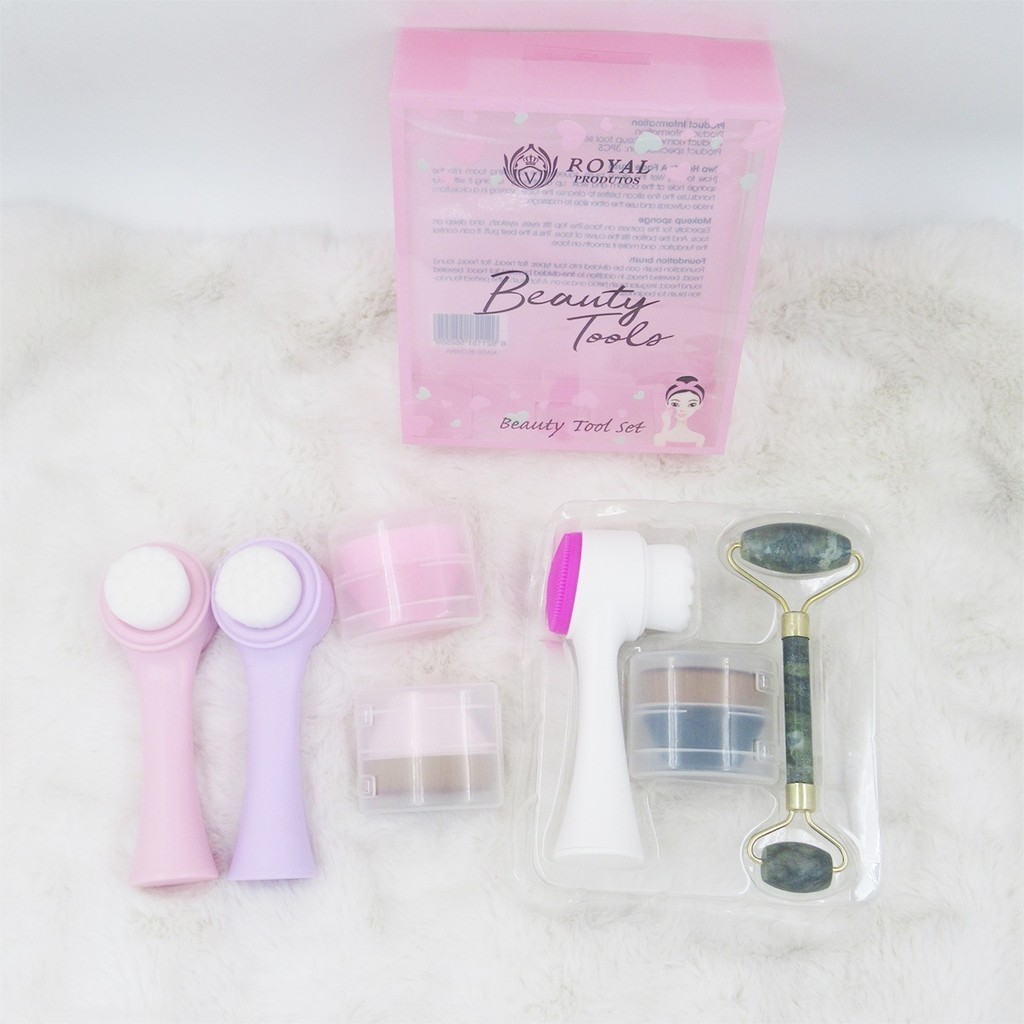 Kit conjunto de beleza com 3 peças:  1 Escova 2 em 1， 1pincel de maquiagem E 1ROLO MASSAGEADOR PEDRA DE JADE CUIDADOS FACIAIS T-47-2