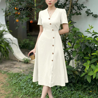 Lovito Casual Vestido Feminino Liso Drapeado com Botão L70AD092 (Branco)