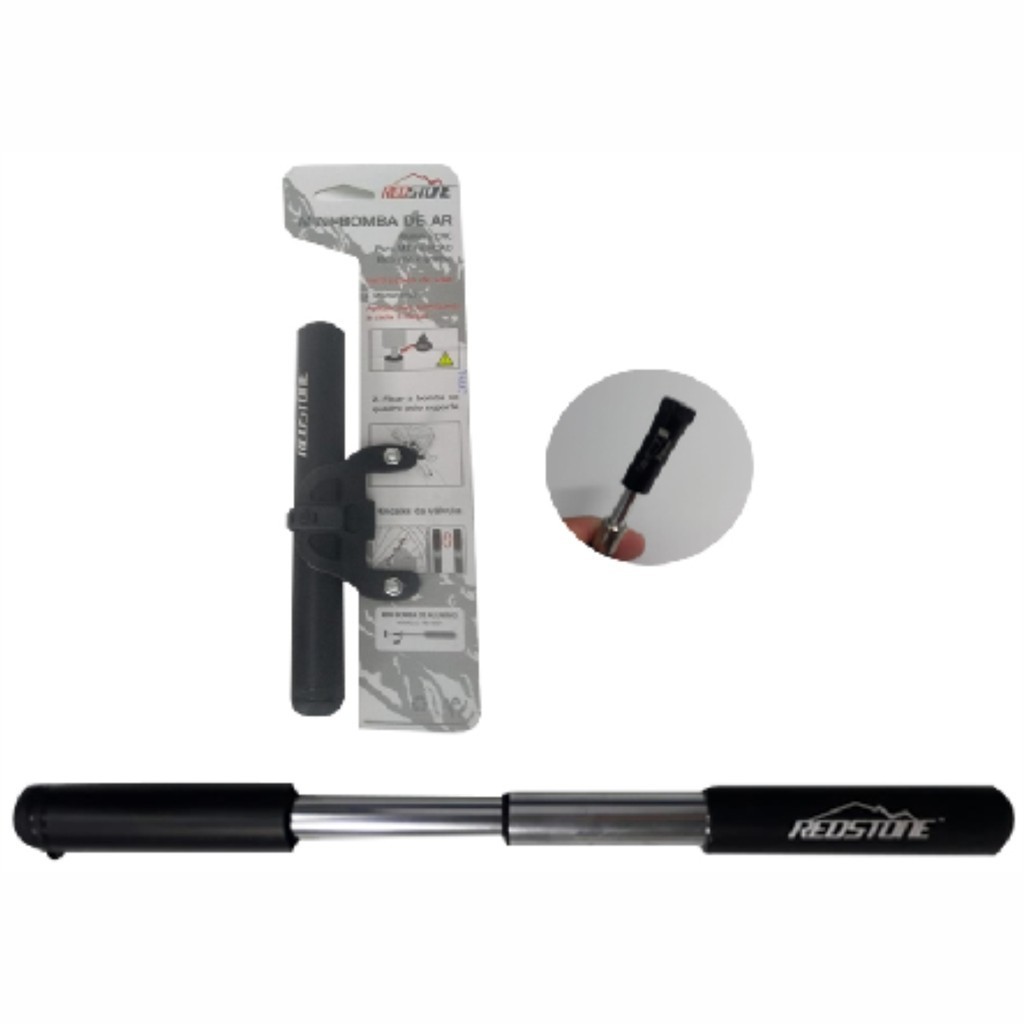 Mini Bomba Bike Pump de Alumínio 25 x 191mm Preta Bico Fino/Grosso Redstone Novo