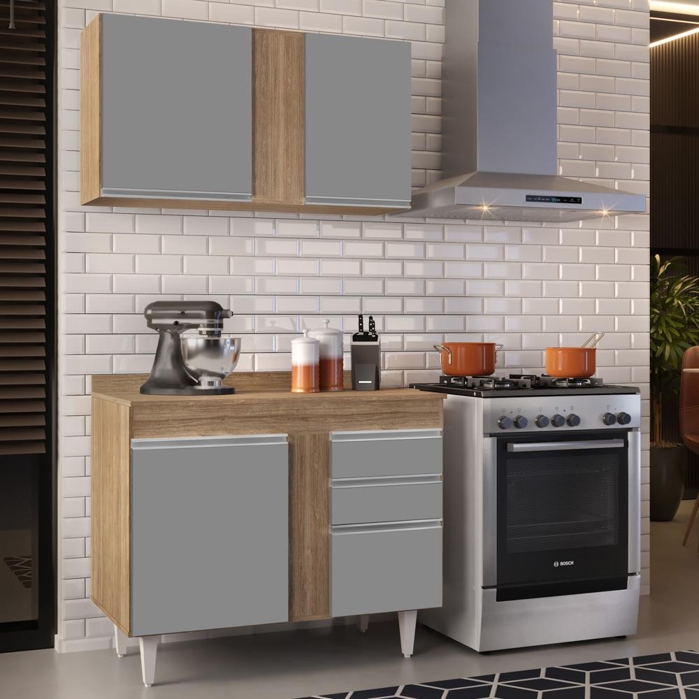 Armário Aéreo Indiana e Balcão Gabinete 100cm Luziania Castanho/Cinza - Lumil Móveis em Oferta na Shopee