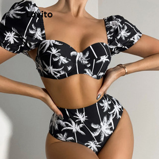 Lovito Conjuntos De Biquíni Sexy Com Padrão Geométrico Para Mulheres LNL36125 (Preto)