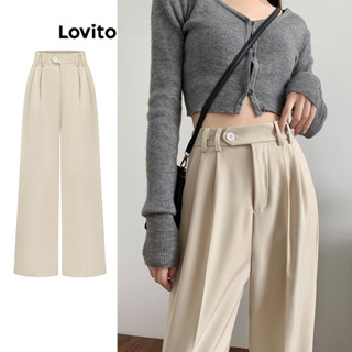 Lovito Calças Casuais Com Bolso Plissado Liso Para Mulheres L80ED213