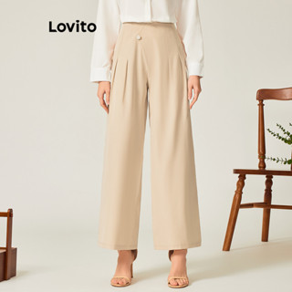 Lovito Casual Calça Feminina Lisa Assimétrica com Botão L71ED113 (Cáqui)