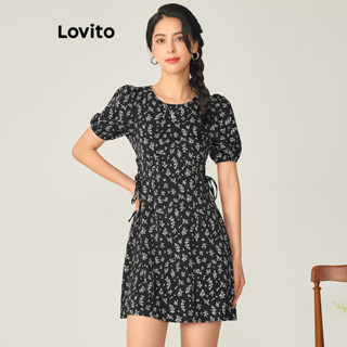 Lovito Casual Vestido Feminino Floral Amarrado de Manga Bufante com Recorte L71ED152 (Preto)