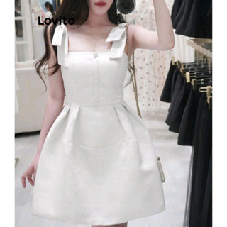 Lovito Vestido Fofo com Laço de Pérolas para Mulheres L73AD069 (Branco)