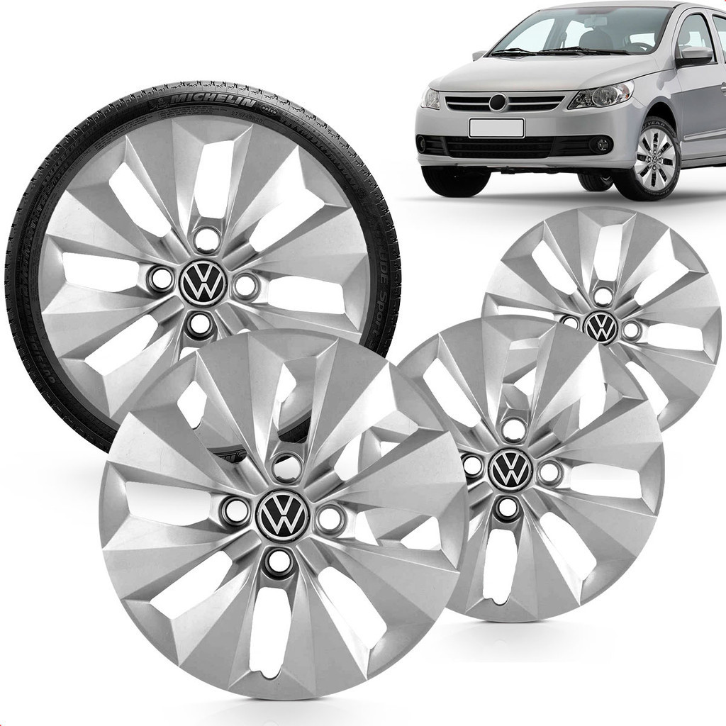 Kit 4 Calotas Gol Voyage G5 G6 2008 2009 2010 2011 2012 2013 2014 2015 2016 Aro 14 Prata Cubo Baixo Grid + Adesivo Resinado 48Mm Vw Preto (4 Pc)
