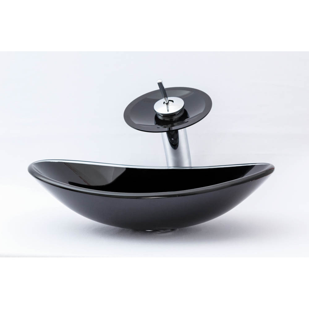 CONJUNTO LOPAZZI CUBA BANHEIRO LAVABO OVAL VIDRO + TORNEIRA CASCATA E VÁLVULA CLICK INOX