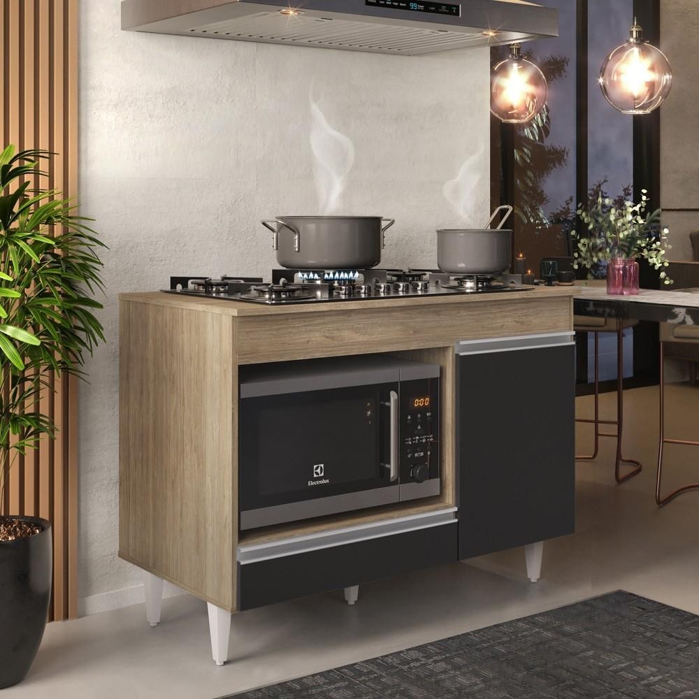 Balcão Multiuso para Cooktop 4 Bocas Georgia Castanho/Preto - Lumil Móveis em Oferta na Shopee