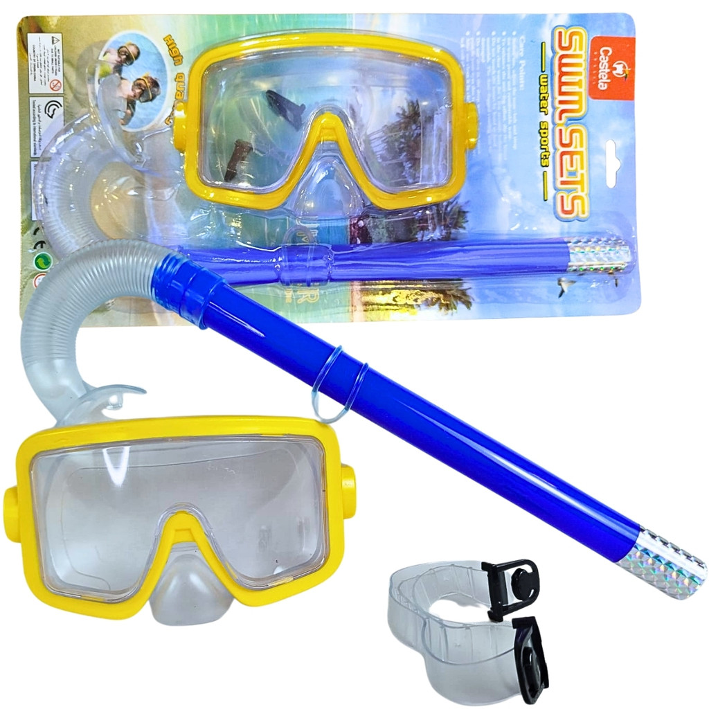Kit de Mergulho Infantil Máscara e Snorkel Azul Amarelo Piscina Praia Castela em Oferta na Shopee