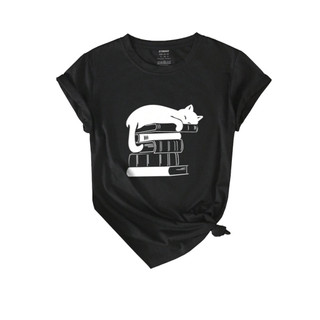 Camiseta Gato Preto Blusa Livro Camisa Sono Preguiça T Shirt Lindinho Sorte Estampa Oversized