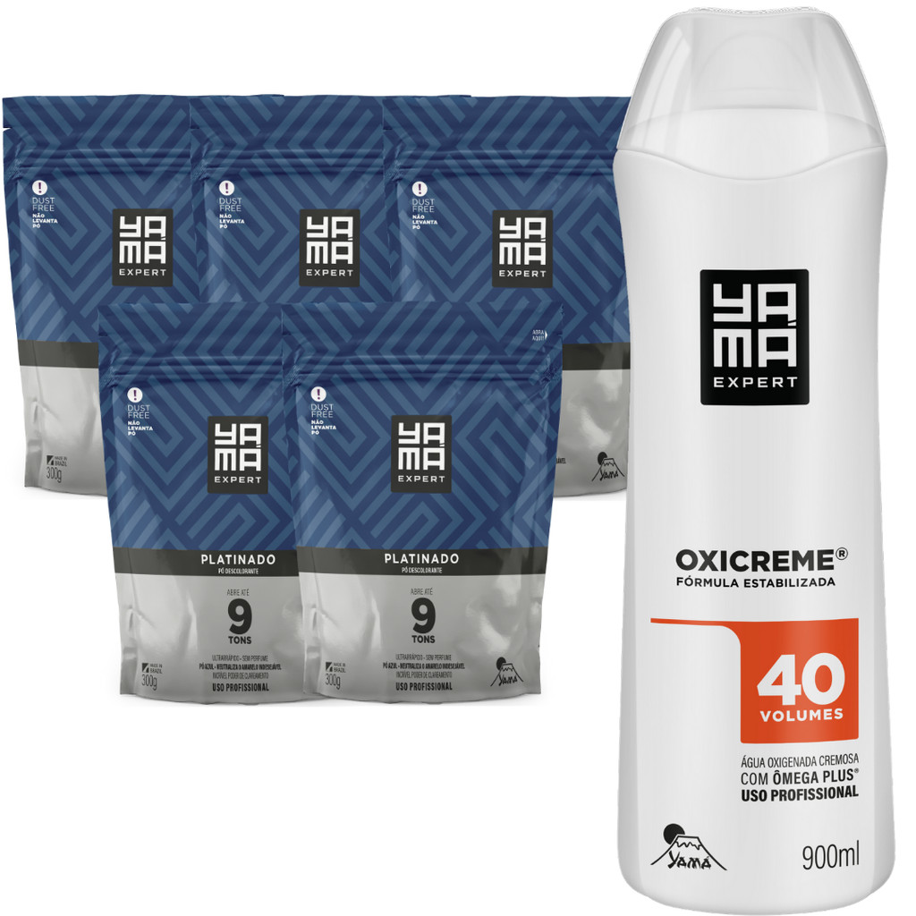 Kit 5 Pó Descolorante Platinado + Oxigenada 40 Volumes 900ml Grande Profissional 8 Tons Yama 300g