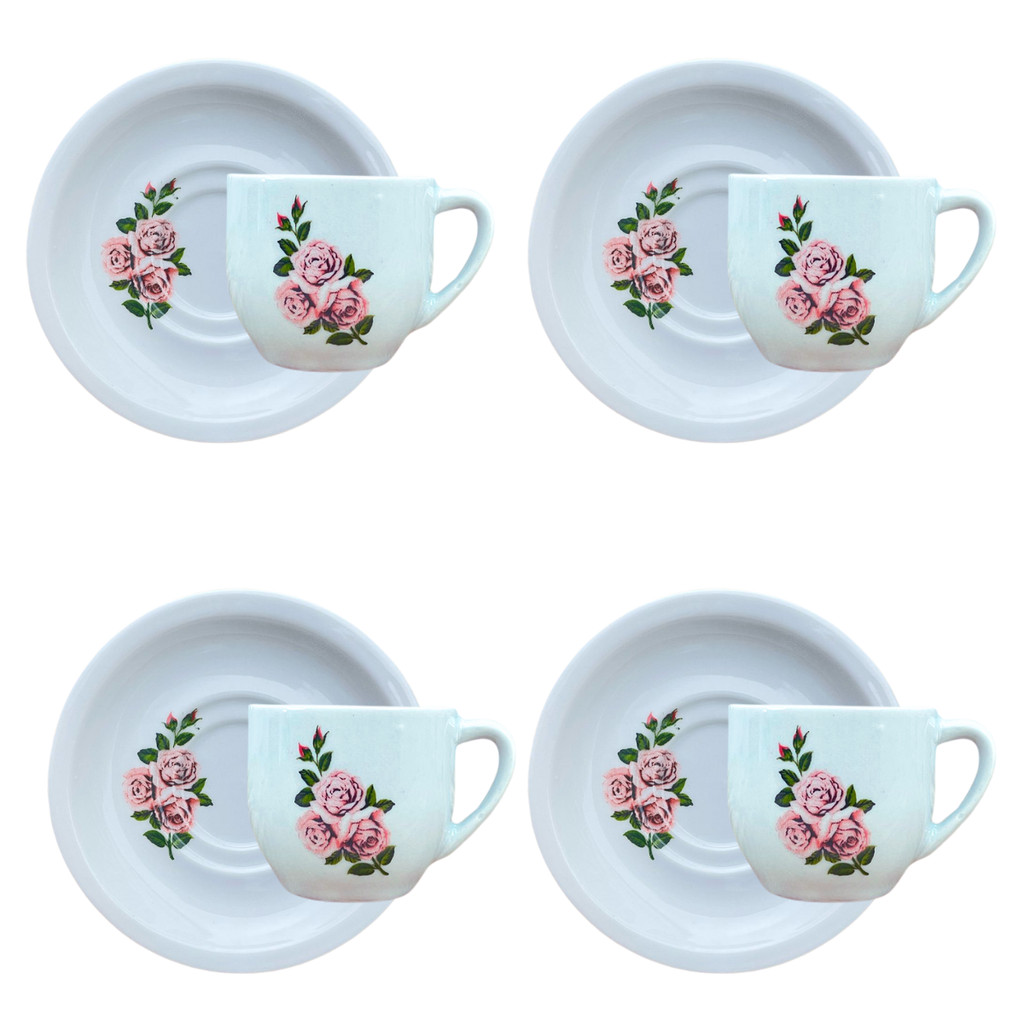 Jogo 4 Xicaras Café/Chá Cônica c/ pires 170ml Flor Rosa
