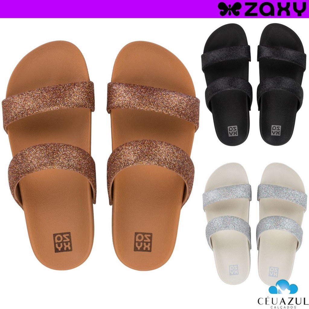 Sandália Chinelo Feminina Papete Zaxy Bestie Duas Tiras Verão Glitter Conforto