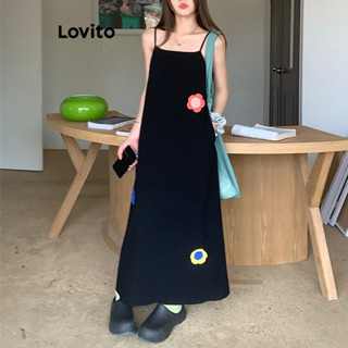 Lovito Casual Vestido Feminino Liso Bordado LNA25025 (Preto)