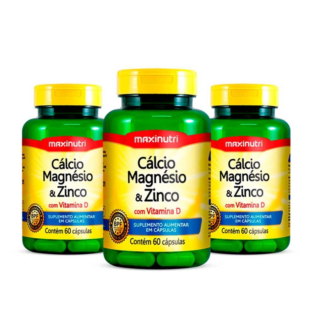 Kit 3 Cálcio Magnésio Zinco e Vitamina D 60 Cápsulas Maxinutri