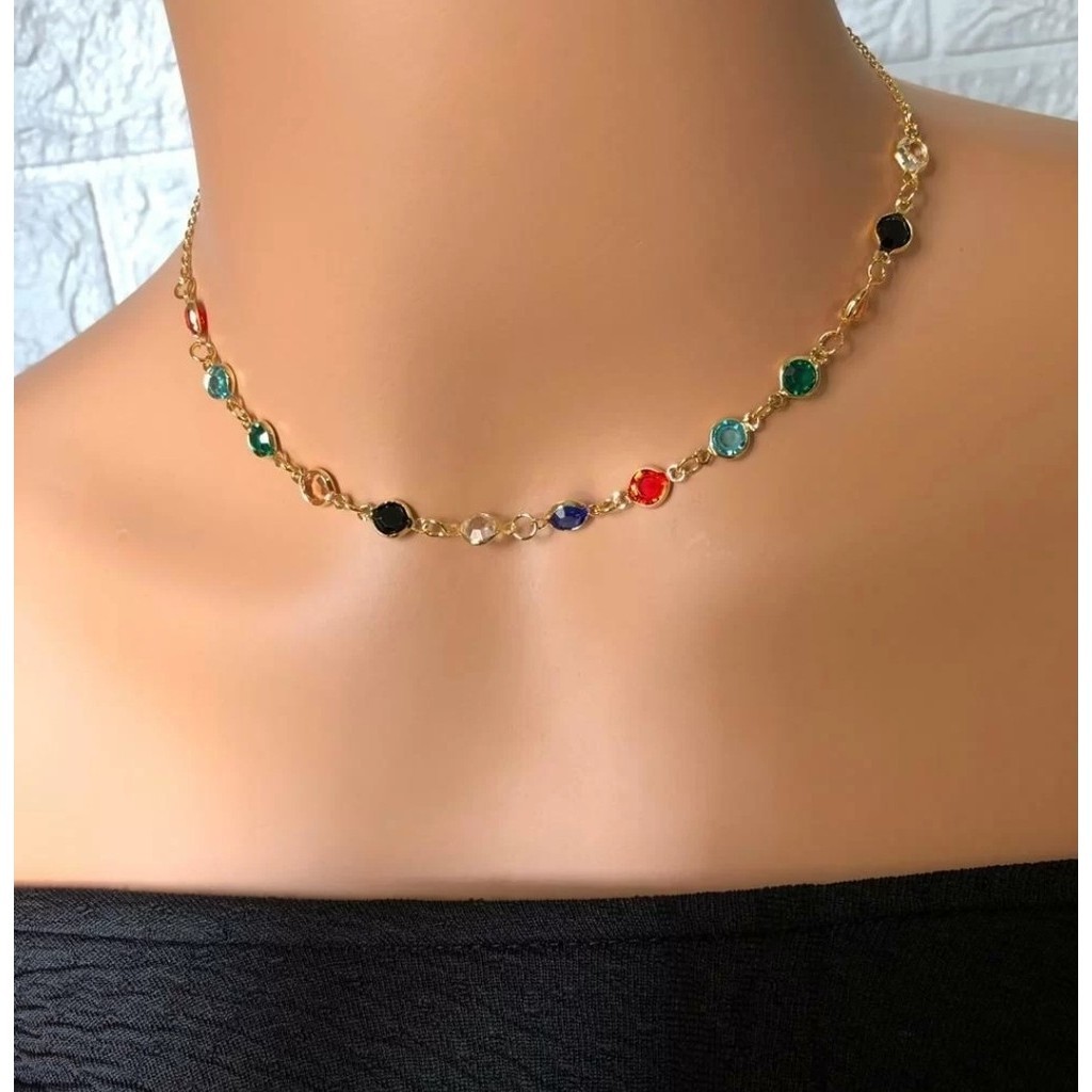 Colar Choker Tiffany Ponto de Luz Cristais Zircônias Pedrinhas Cristal Coloridas Folheado Ouro Tifany Tendência