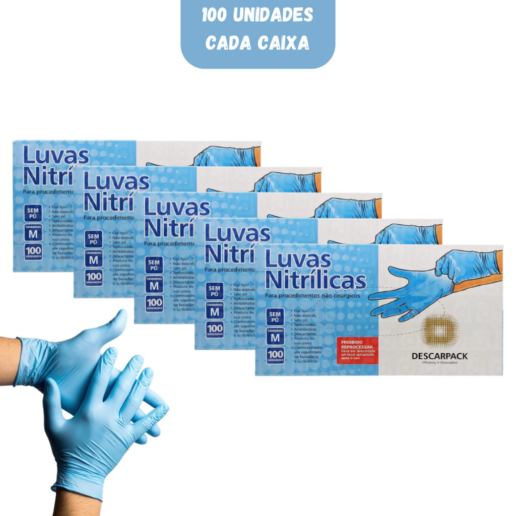 Kit 5 Luva Descarpack Nitrílica Azul Com 100 Uni Tamanho M