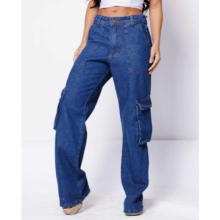 Calça Jeans feminina Wide Leg CARGO E BASICA Pantalona boca larga - cintura alta premium