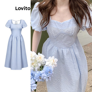 Lovito Vestido Casual Liso Jacquard Com Laço Nas Costas Plissado Manga Bufante Para Mulheres L77ED394