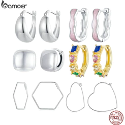 Bamoer Brincos Prata 925 Coração Hexagonal Rosa Jóia Fina para Festa